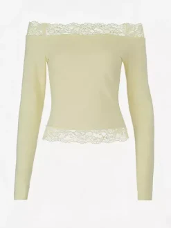 Off Shoulder Lace Trim Crop Top For Women - Long Sleeve Slim Fit Y2K Blouse - Spring Streetwear 2026