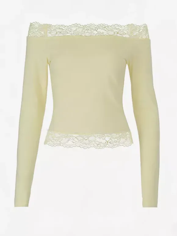 Off Shoulder Lace Trim Crop Top For Women - Long Sleeve Slim Fit Y2K Blouse - Spring Streetwear 2026
