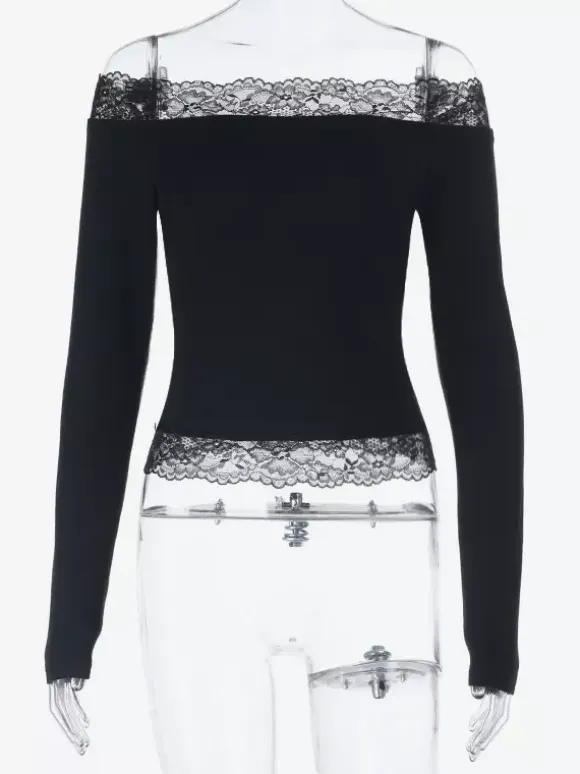 Off Shoulder Lace Trim Crop Top For Women - Long Sleeve Slim Fit Y2K Blouse - Spring Streetwear 2026