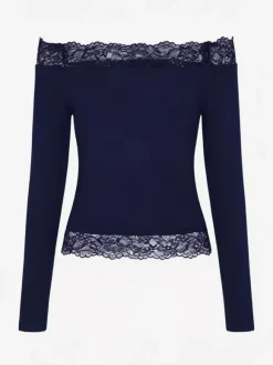 Off Shoulder Lace Trim Crop Top For Women - Long Sleeve Slim Fit Y2K Blouse - Spring Streetwear 2026