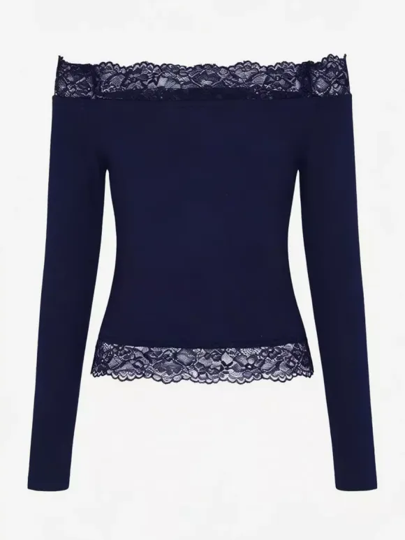 Off Shoulder Lace Trim Crop Top For Women - Long Sleeve Slim Fit Y2K Blouse - Spring Streetwear 2026
