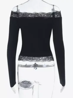 Off Shoulder Lace Trim Crop Top For Women - Long Sleeve Slim Fit Y2K Blouse - Spring Streetwear 2026