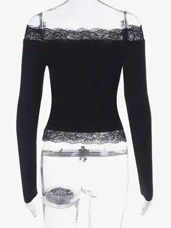 Off Shoulder Lace Trim Crop Top For Women - Long Sleeve Slim Fit Y2K Blouse - Spring Streetwear 2026