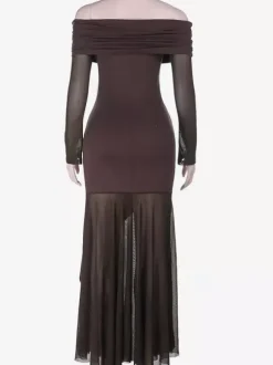Off Shoulder Maxi Dress For Women - Brown Elegant Ruched Sheer Mesh Sleeve - Spring Party Wear 2026