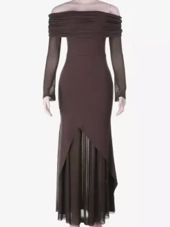 Off Shoulder Maxi Dress For Women - Brown Elegant Ruched Sheer Mesh Sleeve - Spring Party Wear 2026