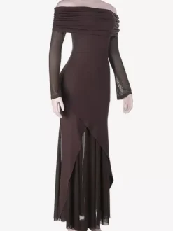 Off Shoulder Maxi Dress For Women - Brown Elegant Ruched Sheer Mesh Sleeve - Spring Party Wear 2026