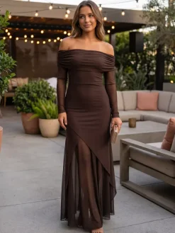 Off Shoulder Maxi Dress For Women - Brown Elegant Ruched Sheer Mesh Sleeve - Spring Party Wear 2026
