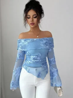 Off Shoulder Mesh Long Sleeve Top With 3D Floral Embroidery For Women 2026
