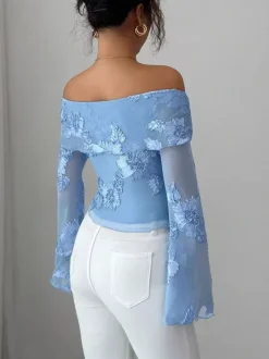 Off Shoulder Mesh Long Sleeve Top With 3D Floral Embroidery For Women 2026