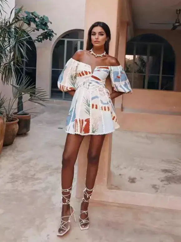 Off Shoulder Printed Mini Dress for Women - Puff Sleeve V Neck Lace Trim Fit and Flare Sundress - Summer Beach Party 2026