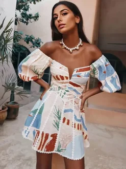Off Shoulder Printed Mini Dress for Women - Puff Sleeve V Neck Lace Trim Fit and Flare Sundress - Summer Beach Party 2026
