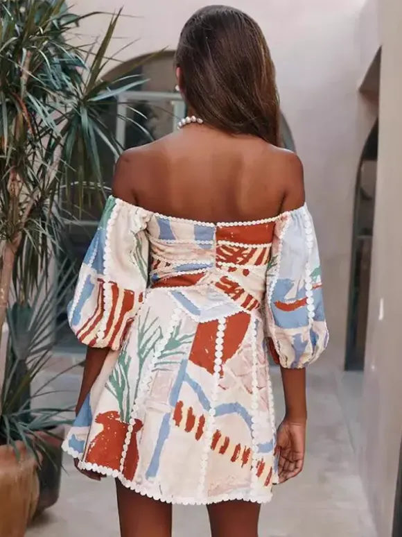 Off Shoulder Printed Mini Dress for Women - Puff Sleeve V Neck Lace Trim Fit and Flare Sundress - Summer Beach Party 2026
