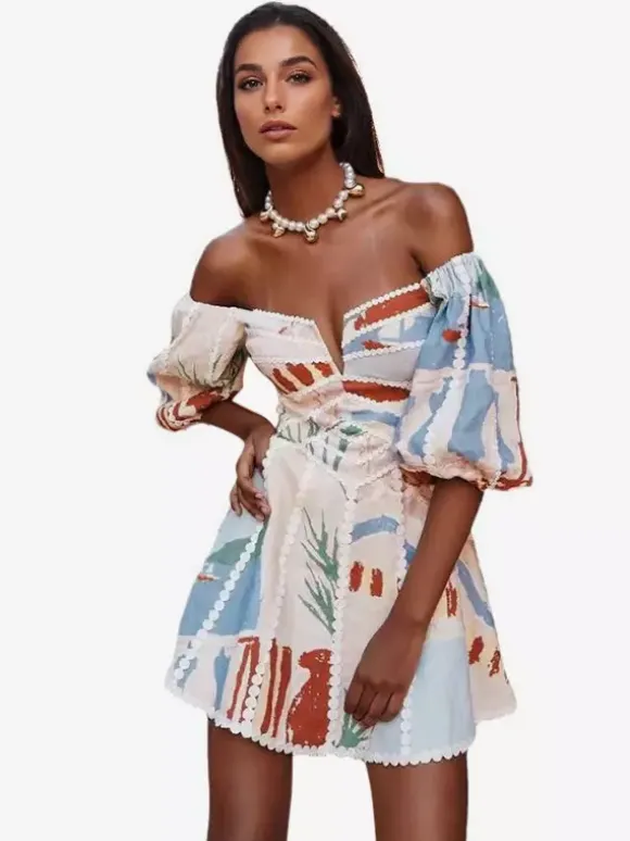 Off Shoulder Printed Mini Dress for Women - Puff Sleeve V Neck Lace Trim Fit and Flare Sundress - Summer Beach Party 2026