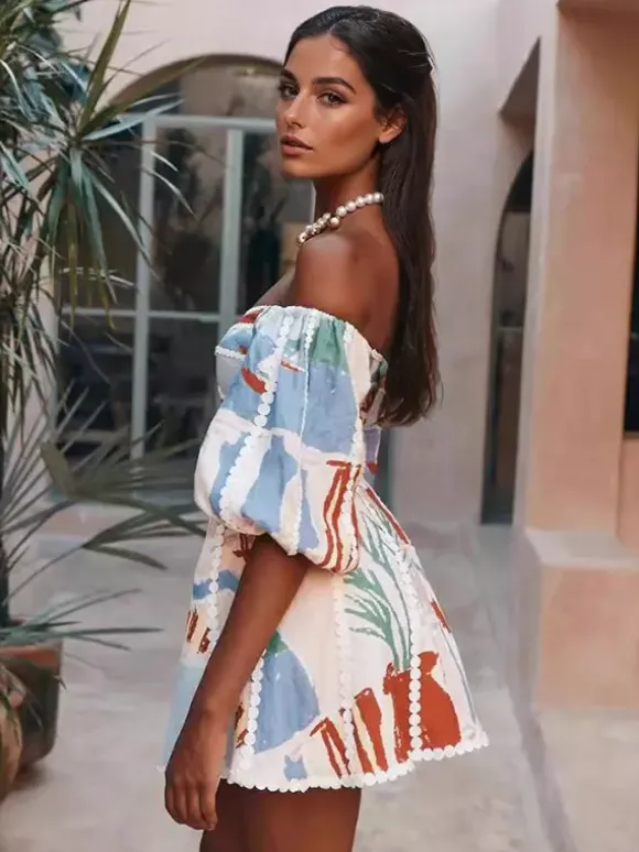Off Shoulder Printed Mini Dress for Women - Puff Sleeve V Neck Lace Trim Fit and Flare Sundress - Summer Beach Party 2026