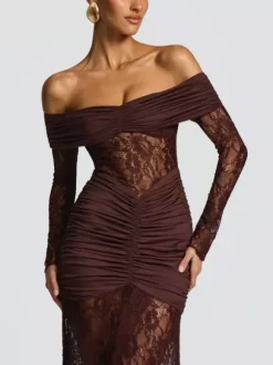 Off Shoulder Ruched Lace Splicing Long Sleeve Bodycon Maxi Dress For Women 2026