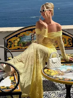 Off Shoulder Ruched Lace Splicing Long Sleeve Bodycon Maxi Dress For Women 2026