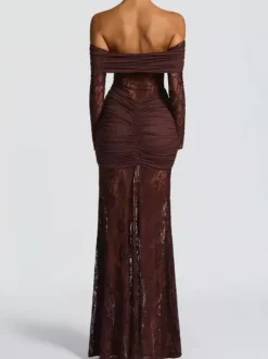 Off Shoulder Ruched Lace Splicing Long Sleeve Bodycon Maxi Dress For Women 2026