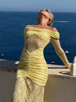 Off Shoulder Ruched Lace Splicing Long Sleeve Bodycon Maxi Dress For Women 2026