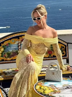 Off Shoulder Ruched Lace Splicing Long Sleeve Bodycon Maxi Dress For Women 2026