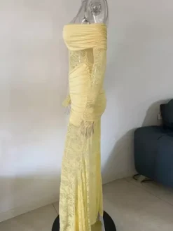 Off Shoulder Ruched Lace Splicing Long Sleeve Bodycon Maxi Dress For Women 2026
