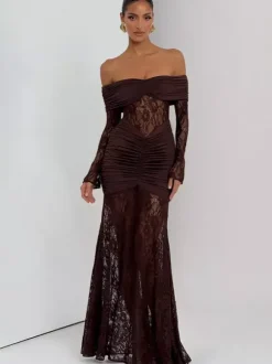Off Shoulder Ruched Lace Splicing Long Sleeve Bodycon Maxi Dress For Women 2026