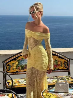 Off Shoulder Ruched Lace Splicing Long Sleeve Bodycon Maxi Dress For Women 2026