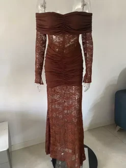 Off Shoulder Ruched Lace Splicing Long Sleeve Bodycon Maxi Dress For Women 2026