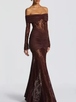 Off Shoulder Ruched Lace Splicing Long Sleeve Bodycon Maxi Dress For Women 2026