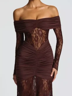 Off Shoulder Ruched Lace Splicing Long Sleeve Bodycon Maxi Dress For Women 2026