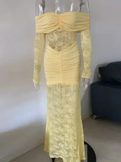 Off Shoulder Ruched Lace Splicing Long Sleeve Bodycon Maxi Dress For Women 2026