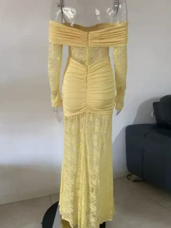 Off Shoulder Ruched Lace Splicing Long Sleeve Bodycon Maxi Dress For Women 2026