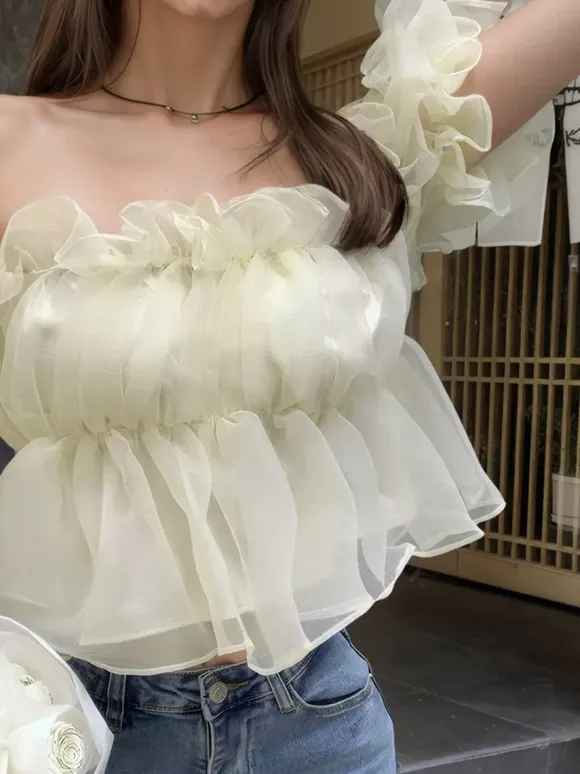 Off Shoulder Ruffle Bubble Sleeve Organza Peplum Crop Top Fairy Blouse For Women