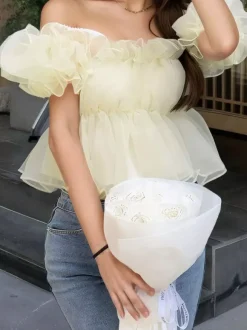 Off Shoulder Ruffle Bubble Sleeve Organza Peplum Crop Top Fairy Blouse For Women