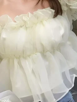 Off Shoulder Ruffle Bubble Sleeve Organza Peplum Crop Top Fairy Blouse For Women