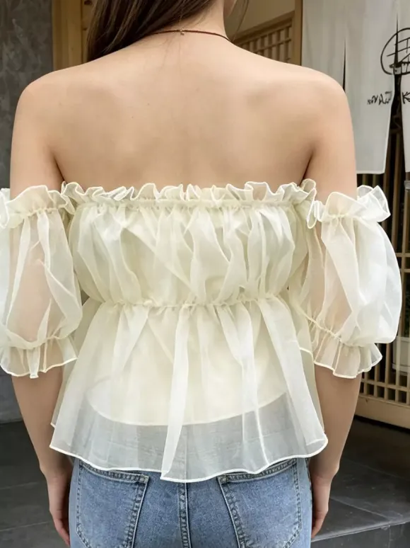 Off Shoulder Ruffle Bubble Sleeve Organza Peplum Crop Top Fairy Blouse For Women