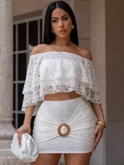 Off Shoulder Ruffle Lace Crop Top Ring Ruched Mini Skirt 2 Piece Set