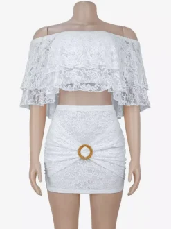 Off Shoulder Ruffle Lace Crop Top Ring Ruched Mini Skirt 2 Piece Set