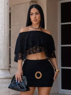 Off Shoulder Ruffle Lace Crop Top Ring Ruched Mini Skirt 2 Piece Set