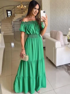 Off Shoulder Smocked Maxi Dress For Women - Boho Tiered A-Line Beach Gown with Puffy Sleeves - Summer Vacation 2026