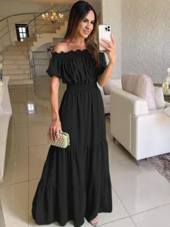 Off Shoulder Smocked Maxi Dress For Women - Boho Tiered A-Line Beach Gown with Puffy Sleeves - Summer Vacation 2026