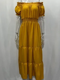 Off Shoulder Smocked Maxi Dress For Women - Boho Tiered A-Line Beach Gown with Puffy Sleeves - Summer Vacation 2026