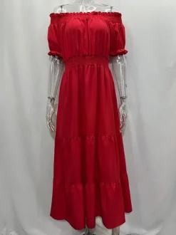 Off Shoulder Smocked Maxi Dress For Women - Boho Tiered A-Line Beach Gown with Puffy Sleeves - Summer Vacation 2026