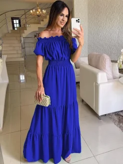 Off Shoulder Smocked Maxi Dress For Women - Boho Tiered A-Line Beach Gown with Puffy Sleeves - Summer Vacation 2026
