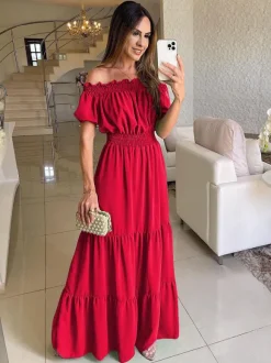 Off Shoulder Smocked Maxi Dress For Women - Boho Tiered A-Line Beach Gown with Puffy Sleeves - Summer Vacation 2026