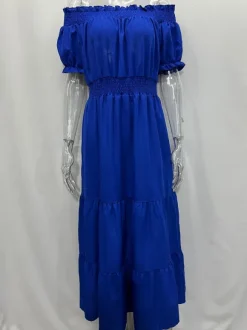 Off Shoulder Smocked Maxi Dress For Women - Boho Tiered A-Line Beach Gown with Puffy Sleeves - Summer Vacation 2026