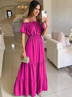 Off Shoulder Smocked Maxi Dress For Women - Boho Tiered A-Line Beach Gown with Puffy Sleeves - Summer Vacation 2026