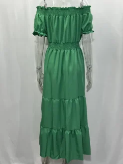 Off Shoulder Smocked Maxi Dress For Women - Boho Tiered A-Line Beach Gown with Puffy Sleeves - Summer Vacation 2026