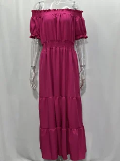 Off Shoulder Smocked Maxi Dress For Women - Boho Tiered A-Line Beach Gown with Puffy Sleeves - Summer Vacation 2026