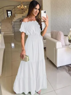 Off Shoulder Smocked Maxi Dress For Women - Boho Tiered A-Line Beach Gown with Puffy Sleeves - Summer Vacation 2026