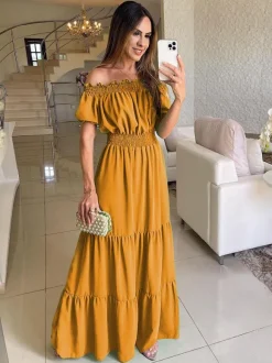 Off Shoulder Smocked Maxi Dress For Women - Boho Tiered A-Line Beach Gown with Puffy Sleeves - Summer Vacation 2026